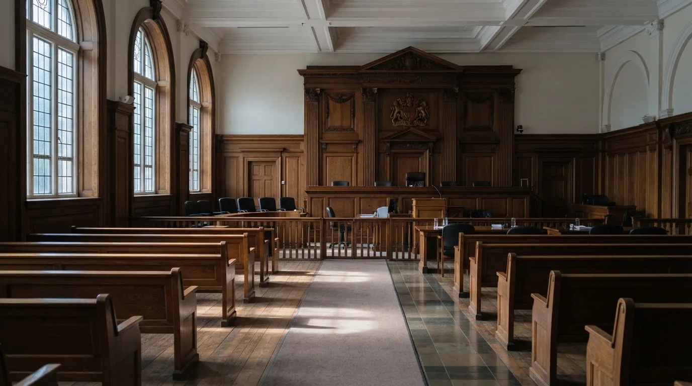 Una sala de tribunal vacía con bancos de madera a la luz de la mañana
