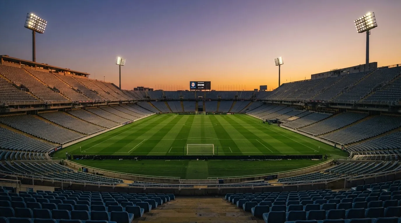 Un estadio de fútbol vacío con torres de iluminación al atardecer