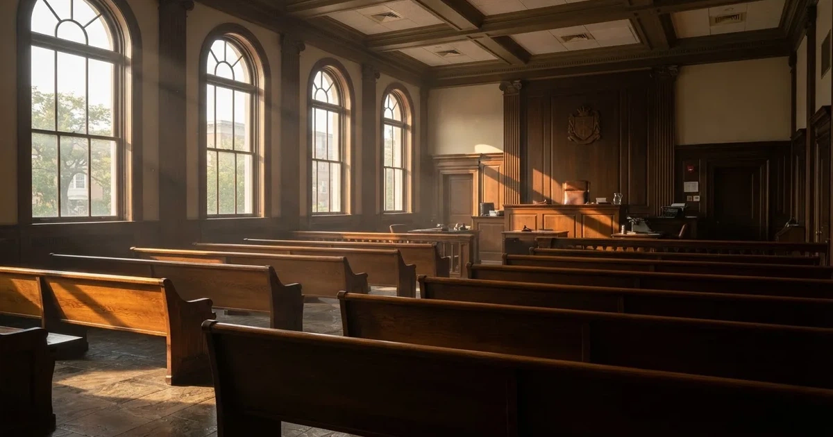 Una sala de tribunal vacía con bancos de madera a la luz de la mañana
