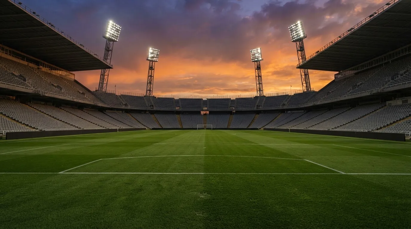 Un estadio de fútbol vacío con torres de iluminación al atardecer