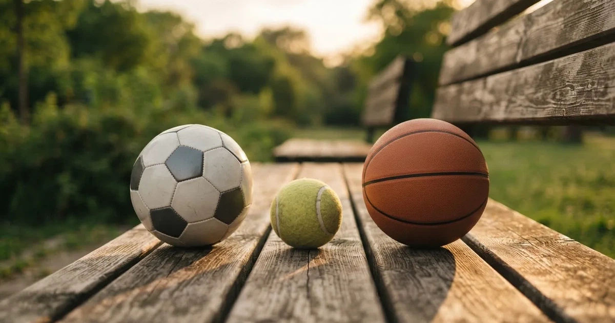 Tres balones de distintos tipos, uno junto a otro, sobre un banco de madera