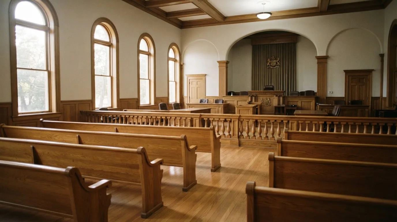 Una sala de tribunal vacía con bancos de madera a la luz de la mañana