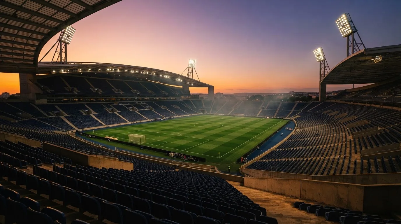 Un estadio de fútbol vacío con torres de iluminación al atardecer