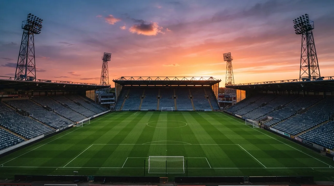 Un estadio de fútbol vacío con torres de iluminación al atardecer