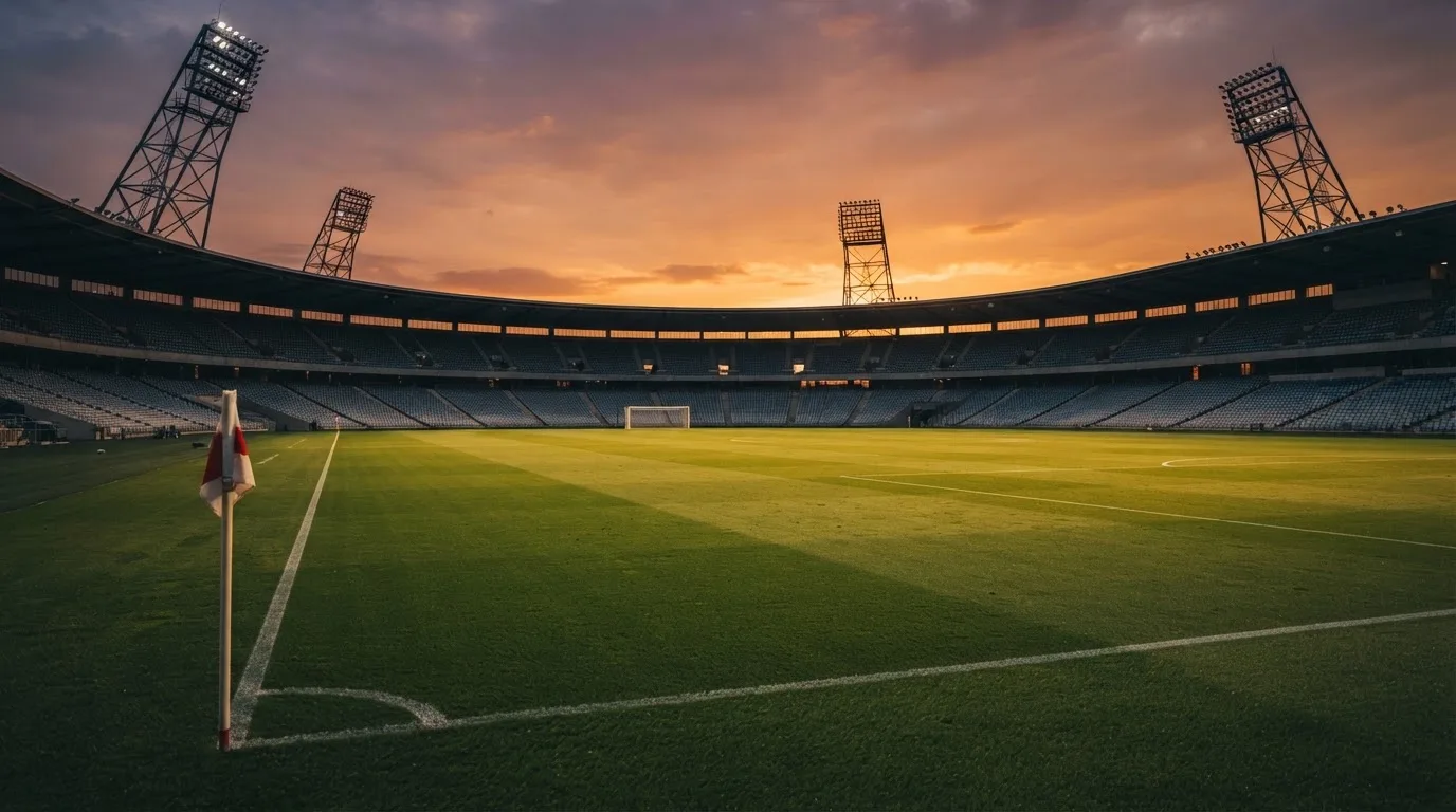 Un estadio de fútbol vacío con torres de iluminación al atardecer