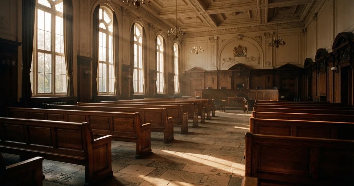 Una sala de tribunal vacía con bancos de madera a la luz de la mañana