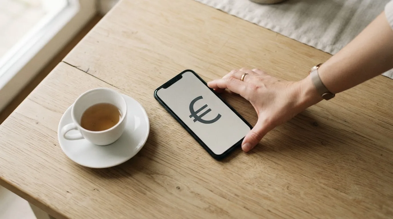 Una mano deja un móvil junto a una taza de té sobre la mesa de la cocina, una tarde tranquila