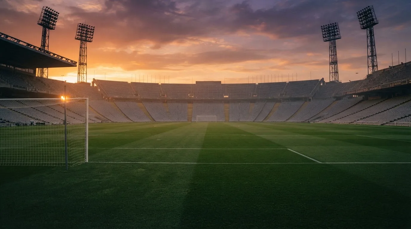 Un estadio de fútbol vacío con torres de iluminación al atardecer