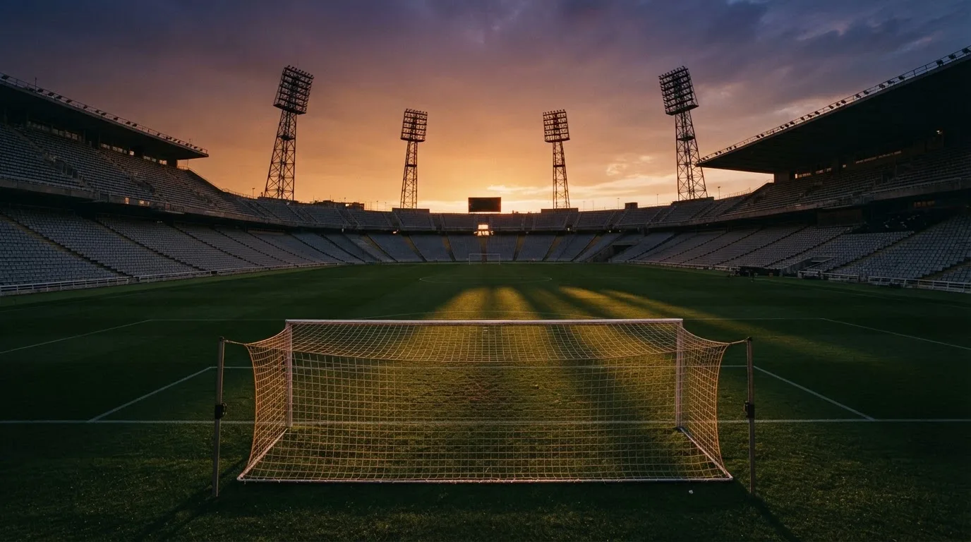 Un estadio de fútbol vacío con torres de iluminación al atardecer
