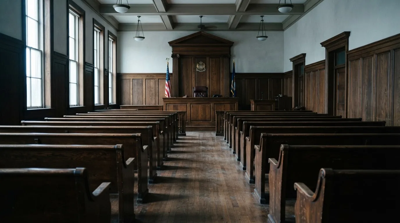 Una sala de tribunal vacía con bancos de madera a la luz de la mañana