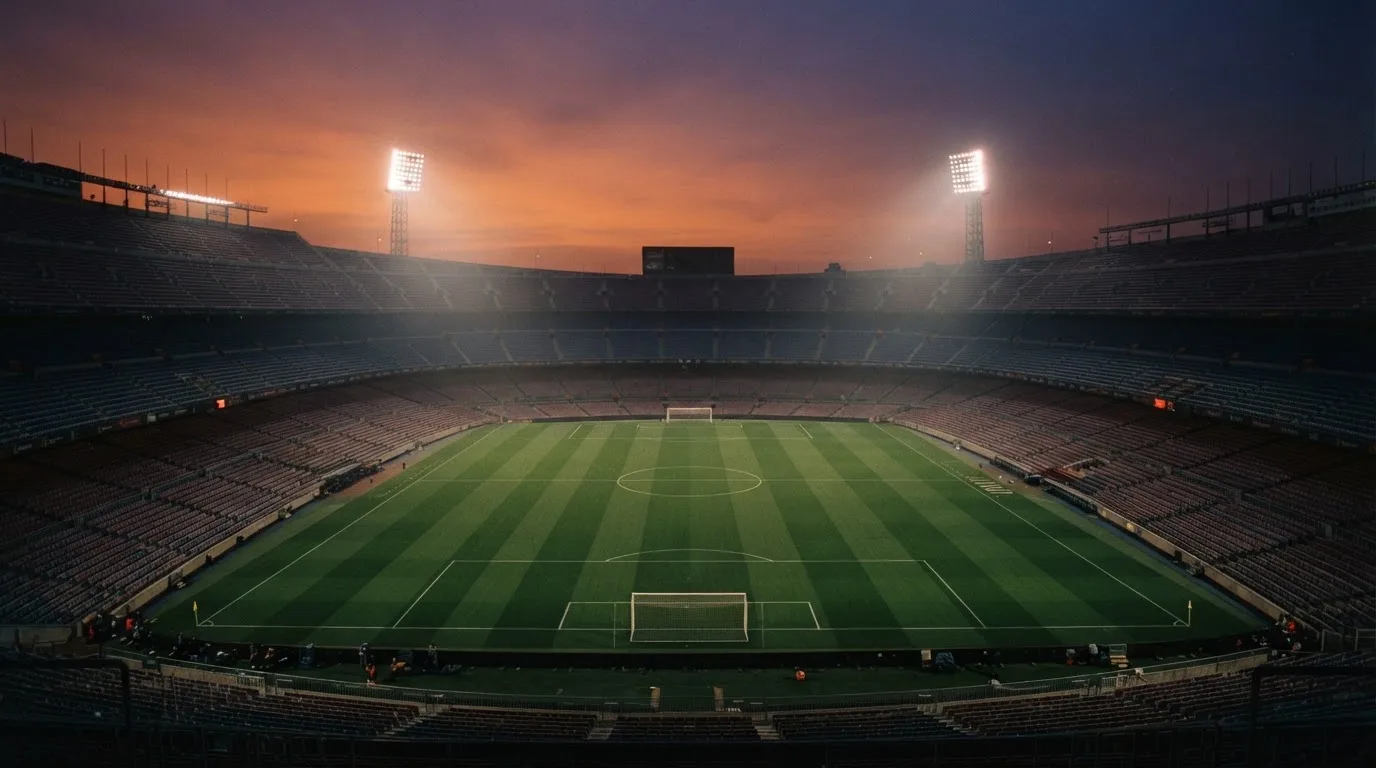 Un estadio de fútbol vacío con torres de iluminación al atardecer