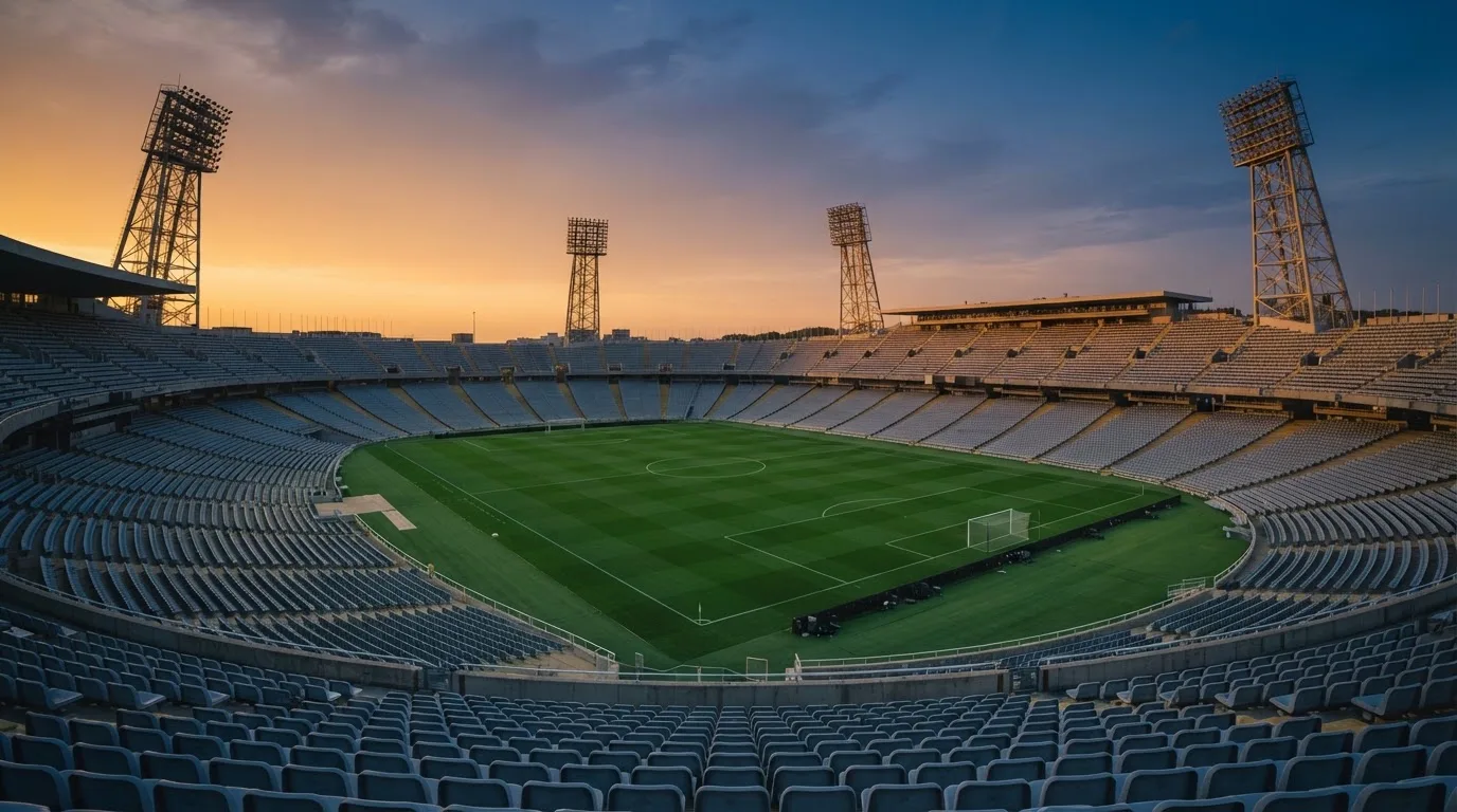 Un estadio de fútbol vacío con torres de iluminación al atardecer