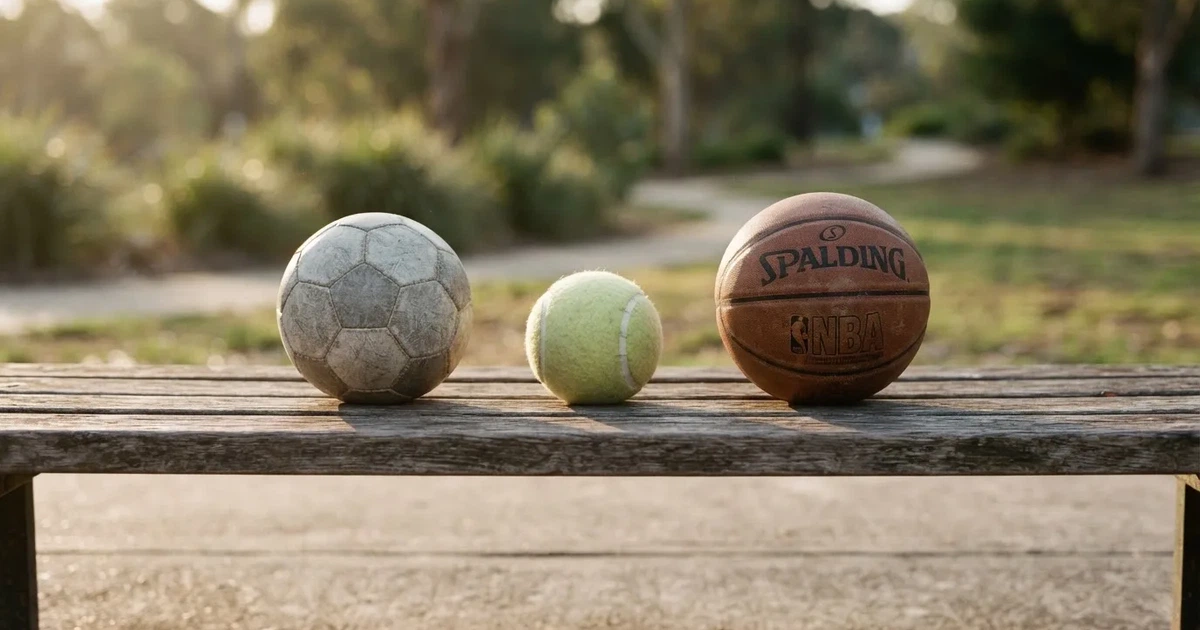 Tres balones de distintos tipos, uno junto a otro, sobre un banco de madera