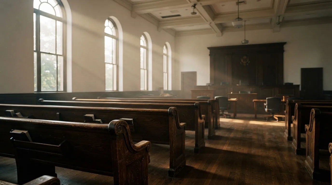 Una sala de tribunal vacía con bancos de madera a la luz de la mañana