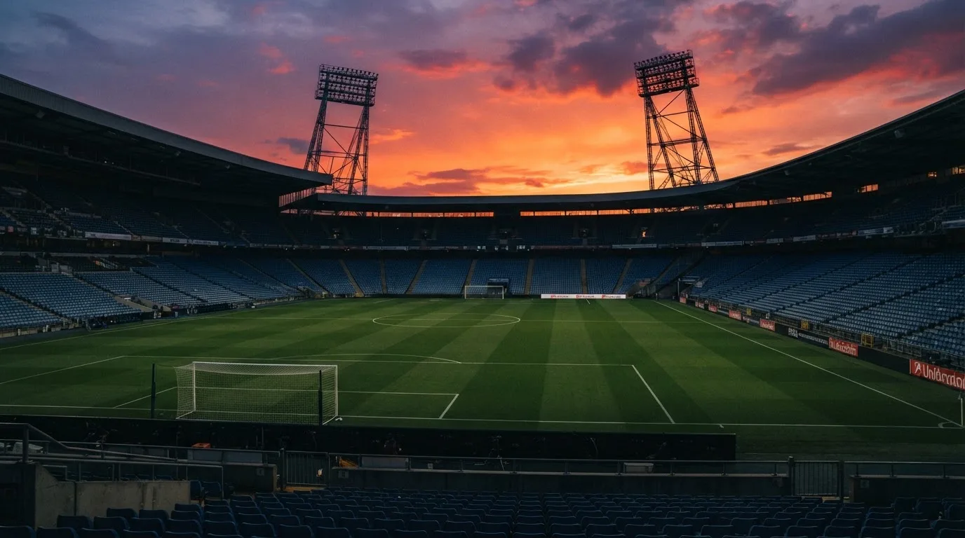 Un estadio de fútbol vacío con torres de iluminación al atardecer