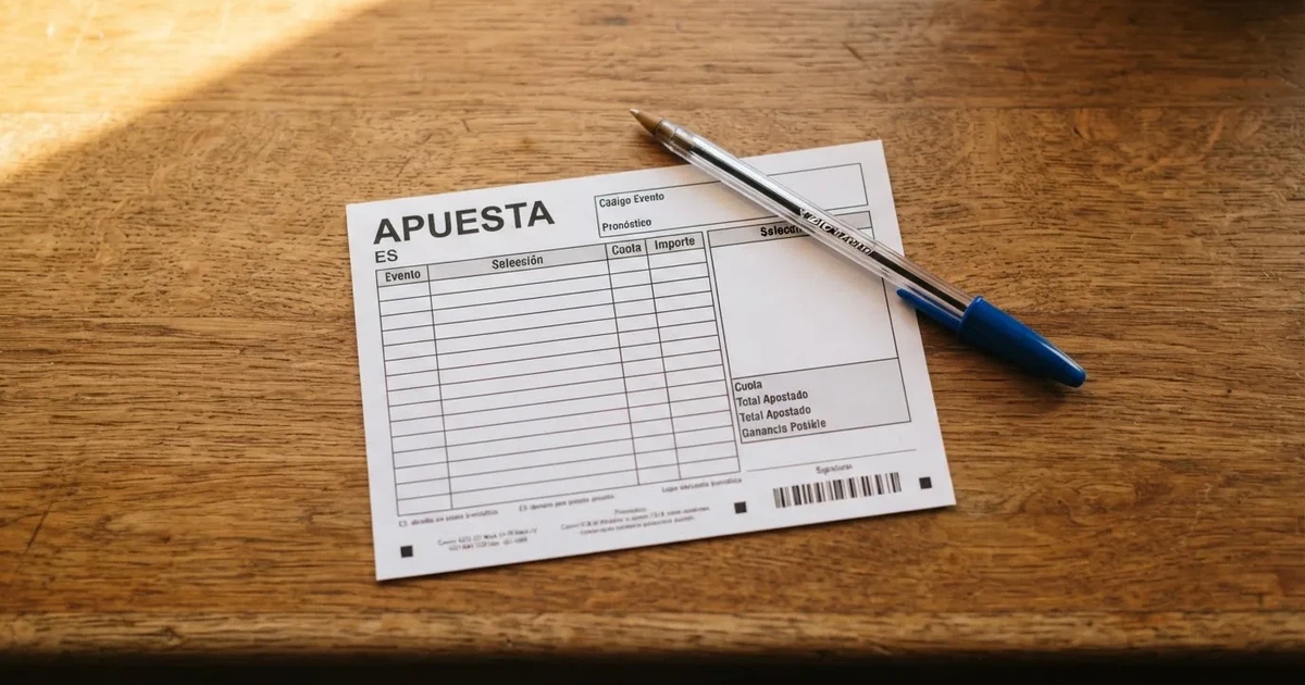 Un boleto de papel en blanco junto a un bolígrafo sobre un mostrador de madera