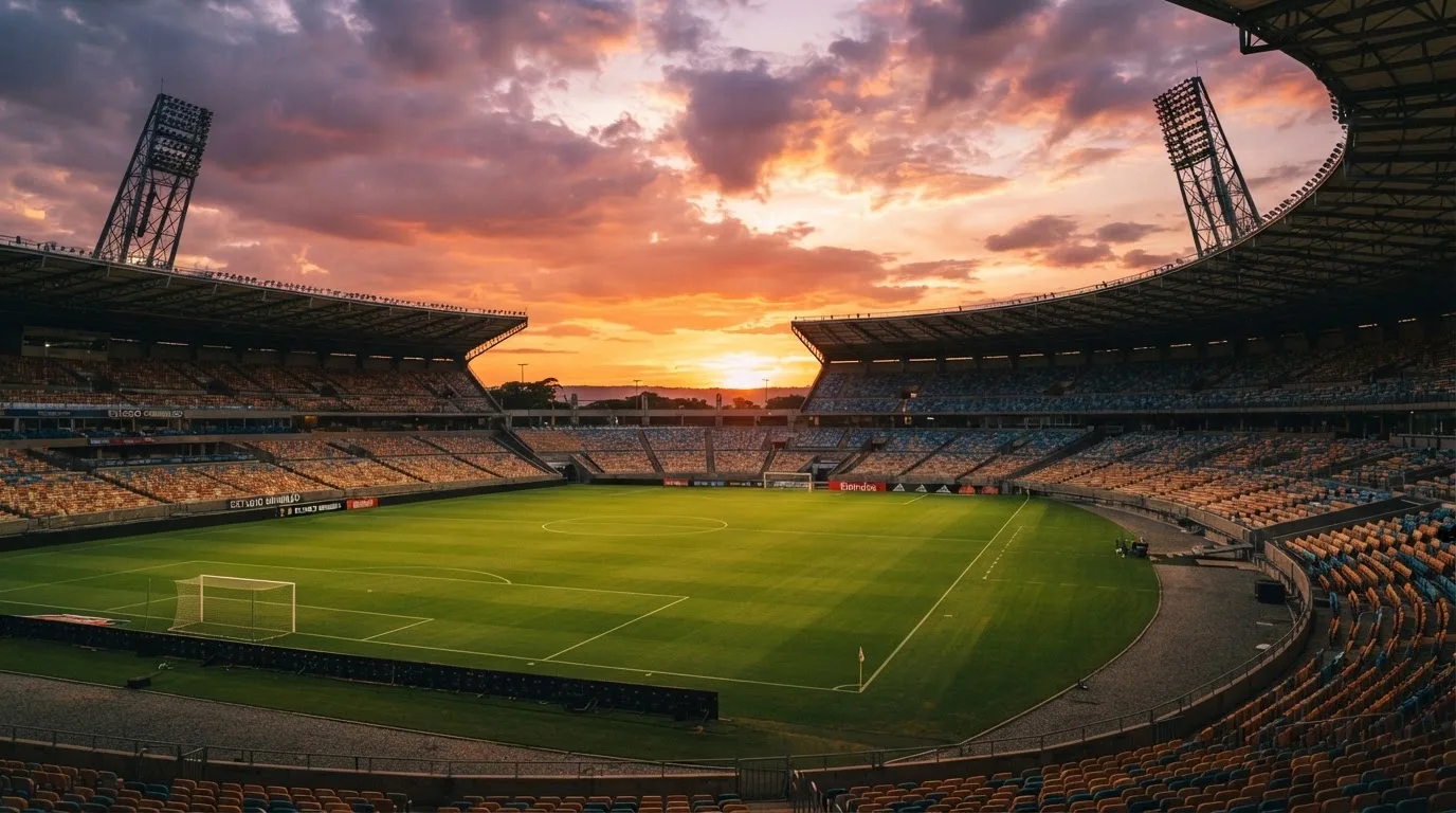Un estadio de fútbol vacío con torres de iluminación al atardecer