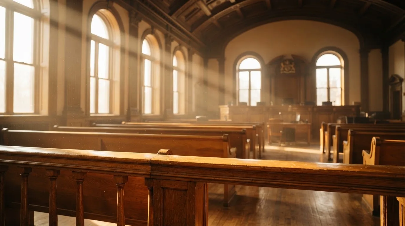 Una sala de tribunal vacía con bancos de madera a la luz de la mañana