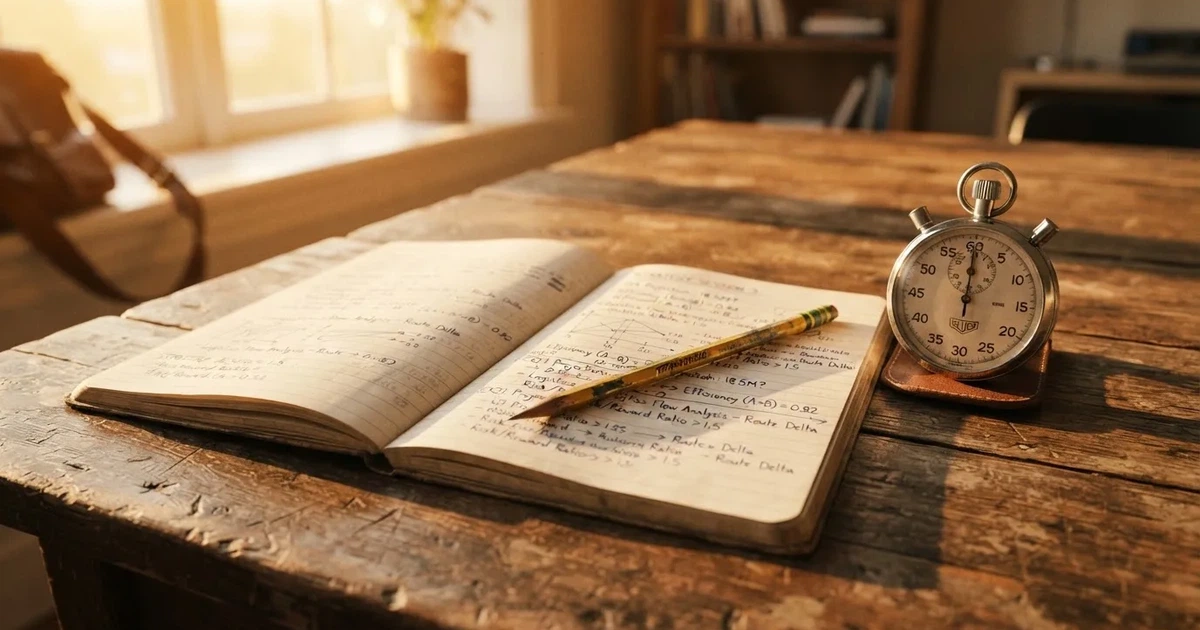 Un cuaderno abierto con un lápiz y un cronómetro sobre una mesa de madera