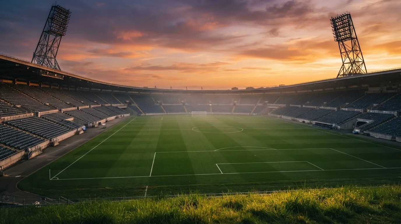 Un estadio de fútbol vacío con torres de iluminación al atardecer