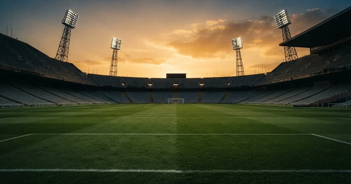 Un estadio de fútbol vacío con torres de iluminación al atardecer