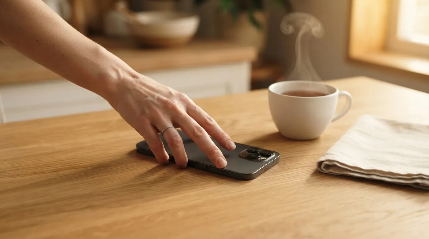 Una mano deja un móvil junto a una taza de té sobre la mesa de la cocina, una tarde tranquila