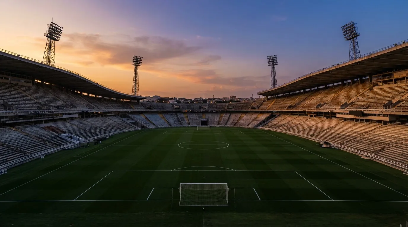 Un estadio de fútbol vacío con torres de iluminación al atardecer