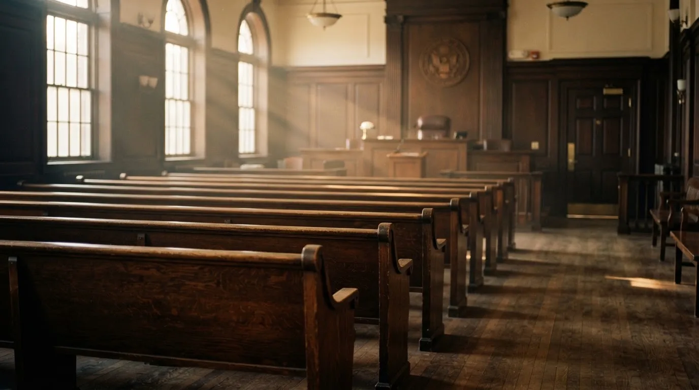 Una sala de tribunal vacía con bancos de madera a la luz de la mañana