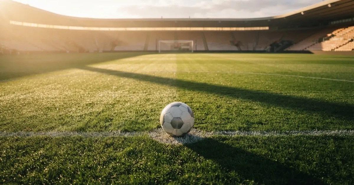 Un balón en el punto central de un campo de césped a la luz de la mañana