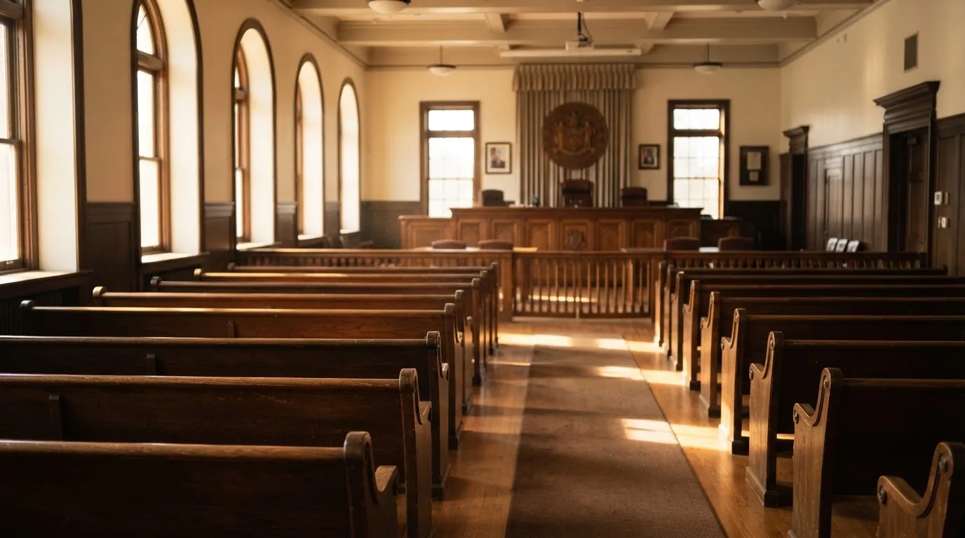 Una sala de tribunal vacía con bancos de madera a la luz de la mañana