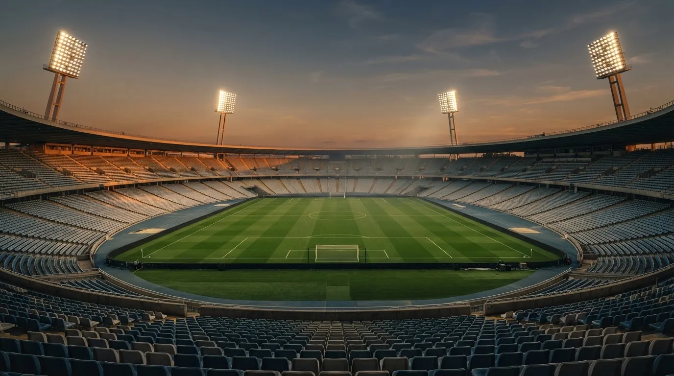 Un estadio de fútbol vacío con torres de iluminación al atardecer
