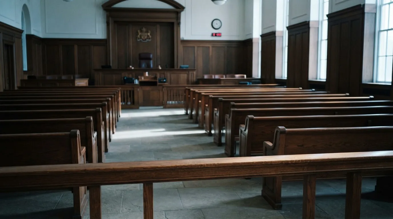Una sala de tribunal vacía con bancos de madera a la luz de la mañana