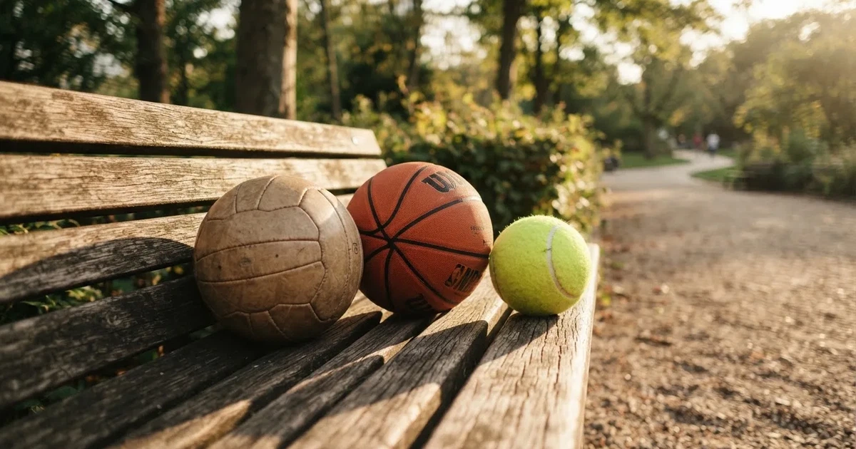 Tres balones de distintos tipos, uno junto a otro, sobre un banco de madera