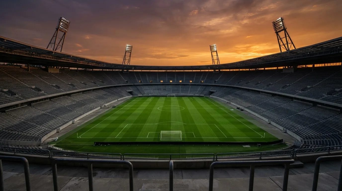 Un estadio de fútbol vacío con torres de iluminación al atardecer