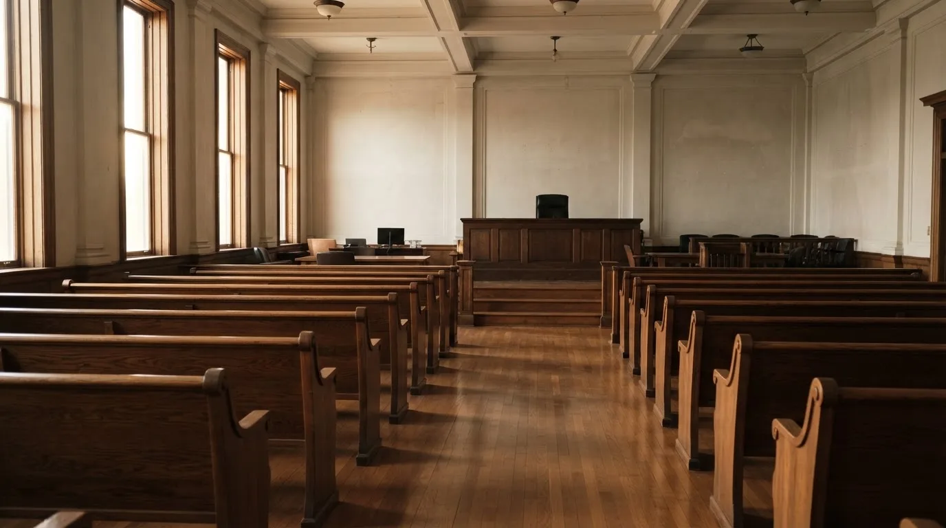 Una sala de tribunal vacía con bancos de madera a la luz de la mañana
