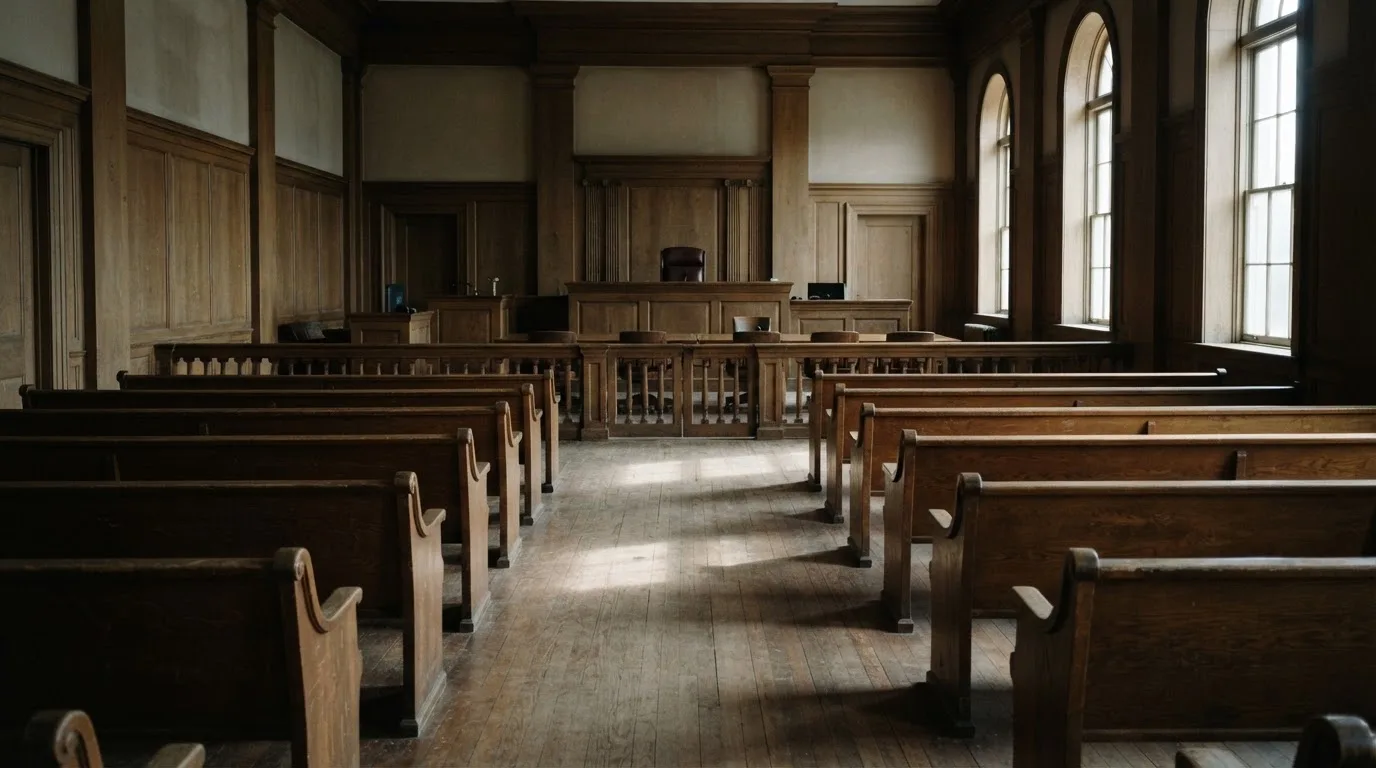 Una sala de tribunal vacía con bancos de madera a la luz de la mañana