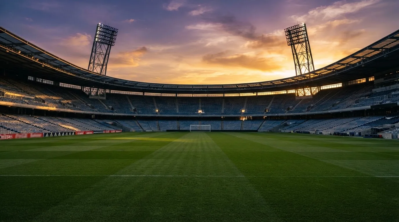 Un estadio de fútbol vacío con torres de iluminación al atardecer