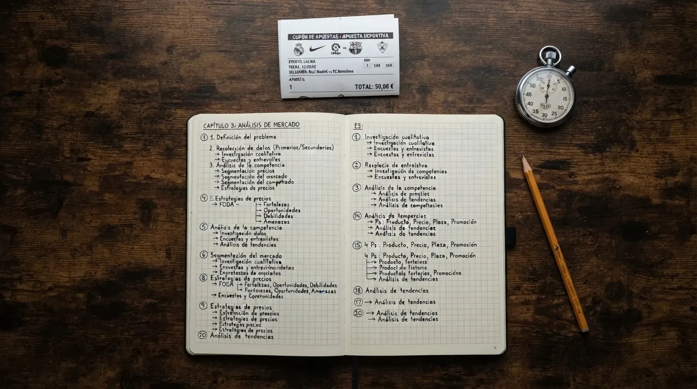 Un cuaderno abierto con un lápiz y un cronómetro sobre una mesa de madera