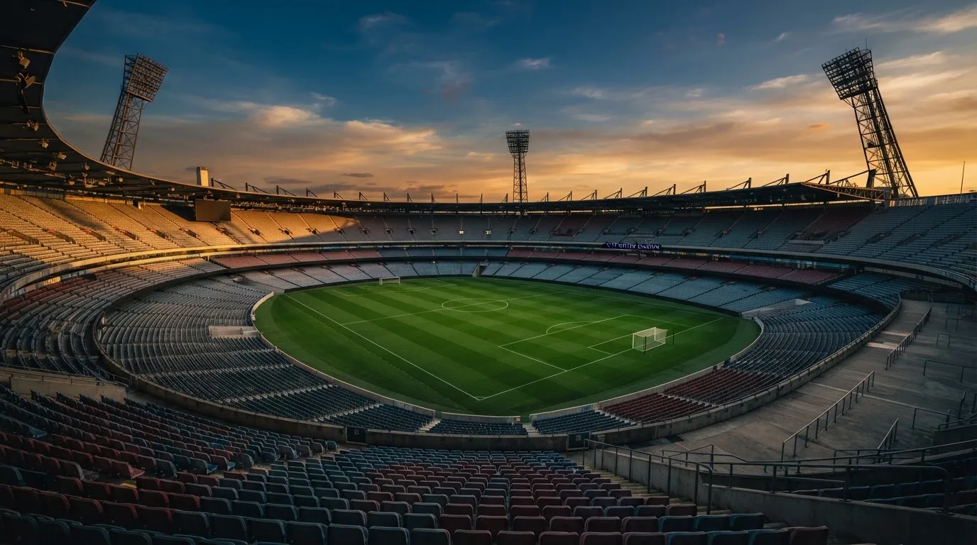 Un estadio de fútbol vacío con torres de iluminación al atardecer