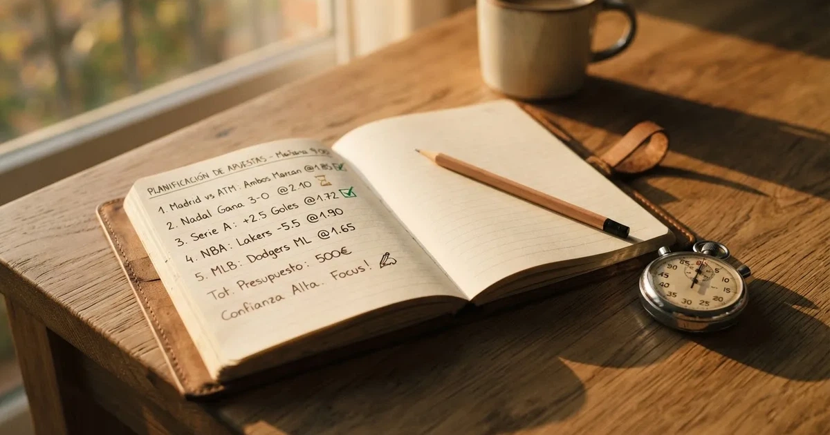 Un cuaderno abierto con un lápiz y un cronómetro sobre una mesa de madera