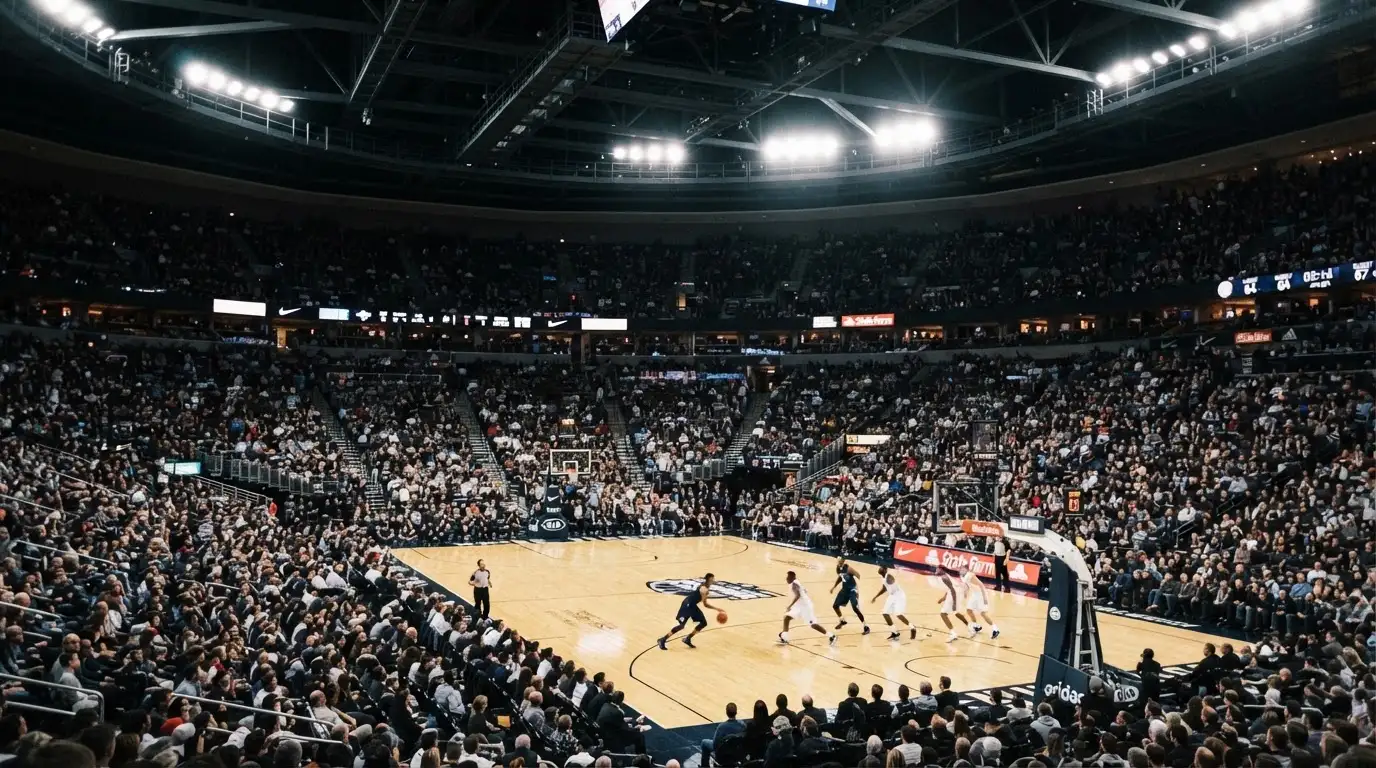 Un pabellón deportivo lleno bajo los focos, fotografiado desde muy lejos