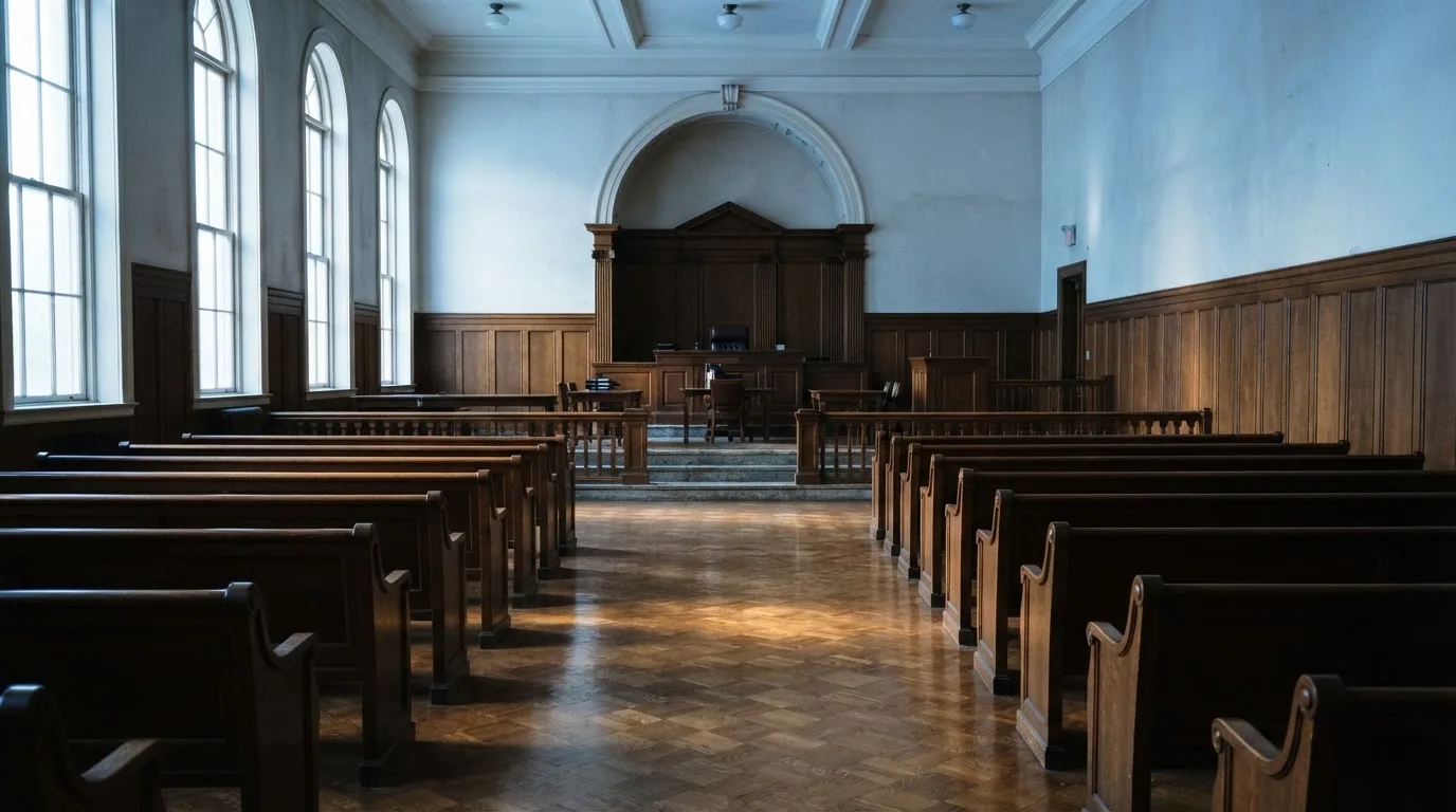 Una sala de tribunal vacía con bancos de madera a la luz de la mañana