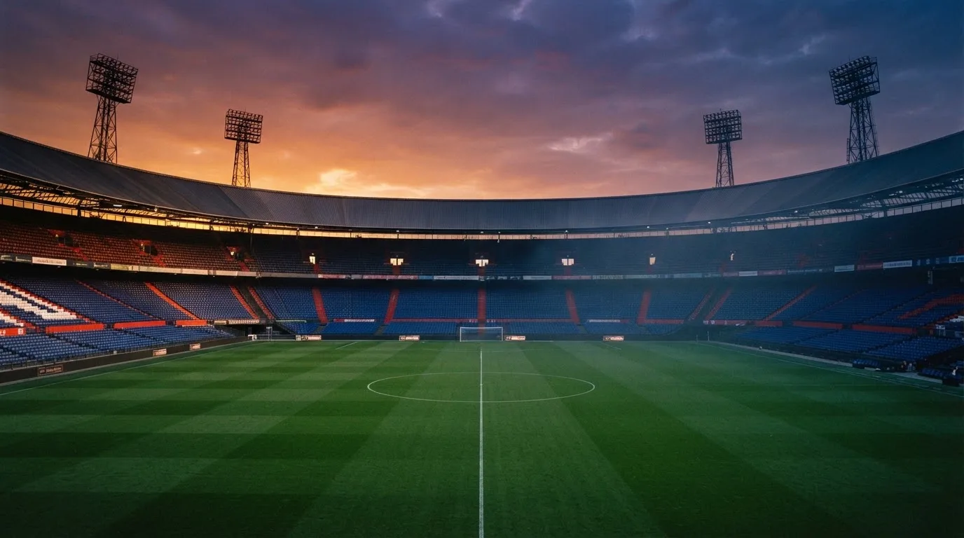 Un estadio de fútbol vacío con torres de iluminación al atardecer