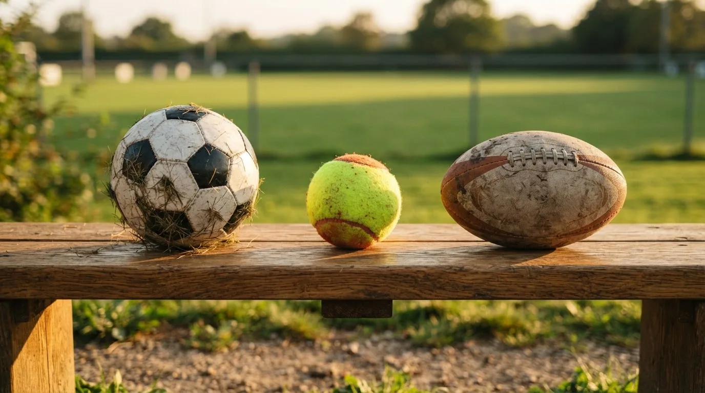 Tres balones de distintos tipos, uno junto a otro, sobre un banco de madera