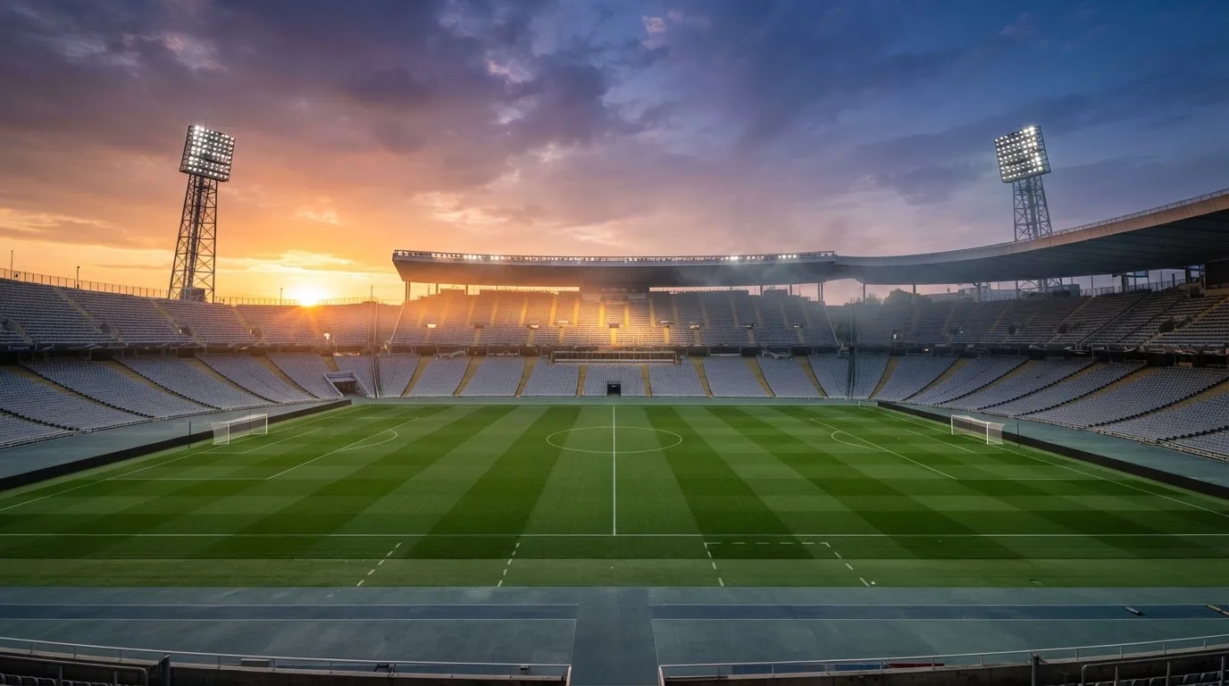 Un estadio de fútbol vacío con torres de iluminación al atardecer