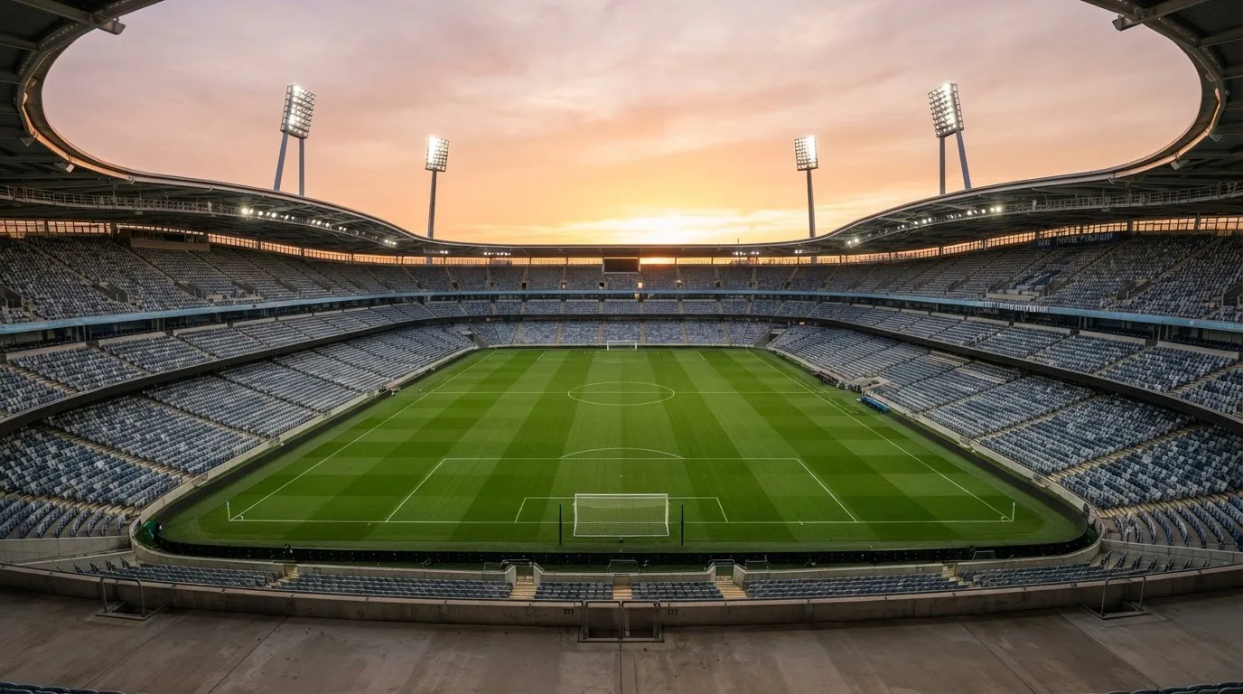 Un estadio de fútbol vacío con torres de iluminación al atardecer