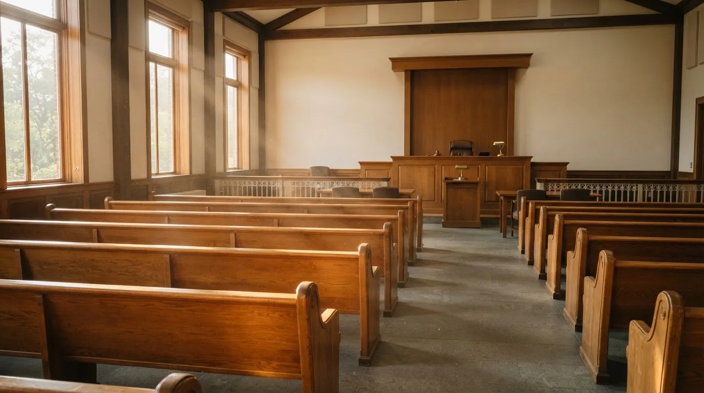 Una sala de tribunal vacía con bancos de madera a la luz de la mañana