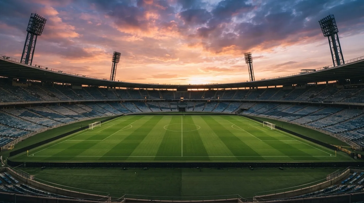 Un estadio de fútbol vacío con torres de iluminación al atardecer