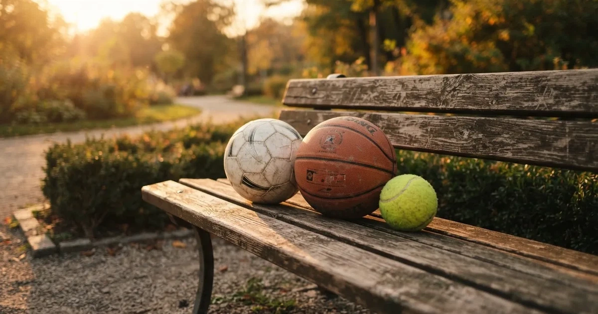Tres balones de distintos tipos, uno junto a otro, sobre un banco de madera