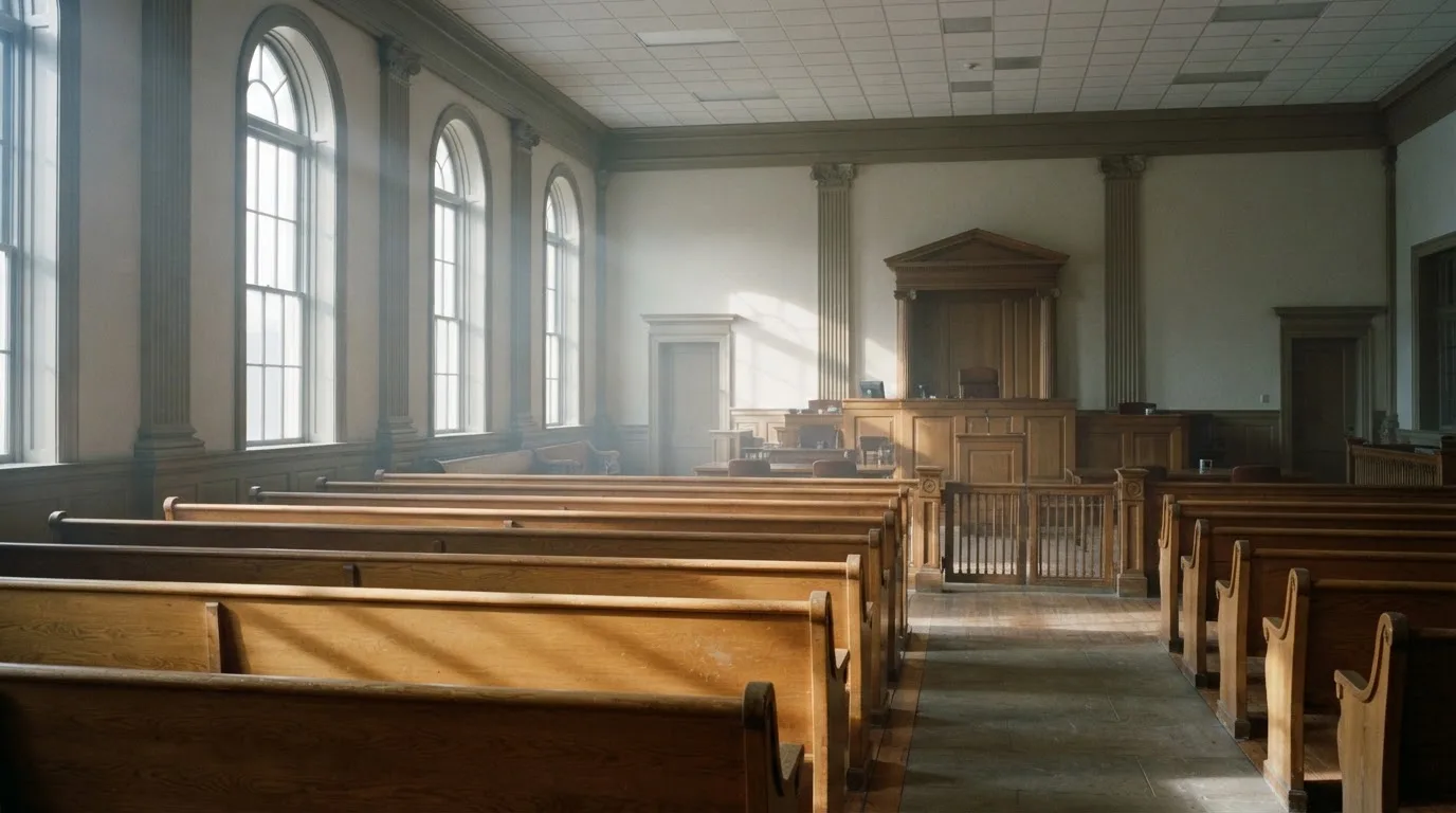 Una sala de tribunal vacía con bancos de madera a la luz de la mañana